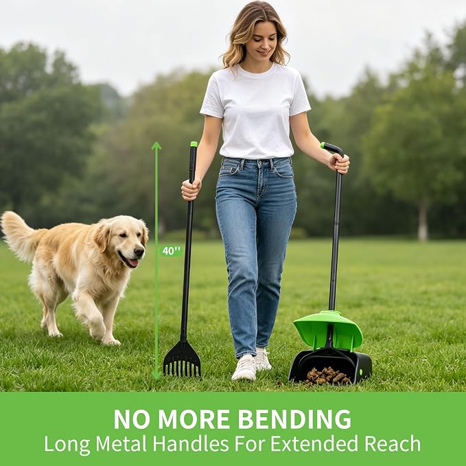 ienjoyed 40" Tall Dog Pooper Scooper with 100 Bags Attachment, Large Capacity Swivel Bin and Rake Metal Pole, Long Handle Pooper Scooper for Large Dogs, Dog Poop Scoop for Yard (Green)