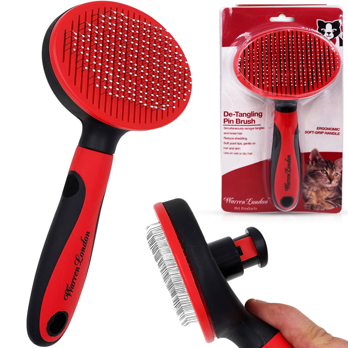 Warren London Self-Cleaning Cat Pin Brush | Push-Button Fur Ejector, Bead-Tipped Nylon Pins – Gentle Shedding & Detangling for Cats, Kittens, Rabbits, Ferrets & Small Dogs | Ergonomic Anti-Slip Grip
