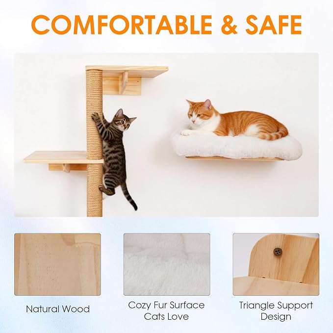 6in1 Cat Wall Shelves Climbing Systems, Large Cat Furniture Shelf Set Wall Hanging Mounted, Hammock Sisal Scratching Perch Bed 2 Steps Tower Tree for Indoor House Corner Ladder