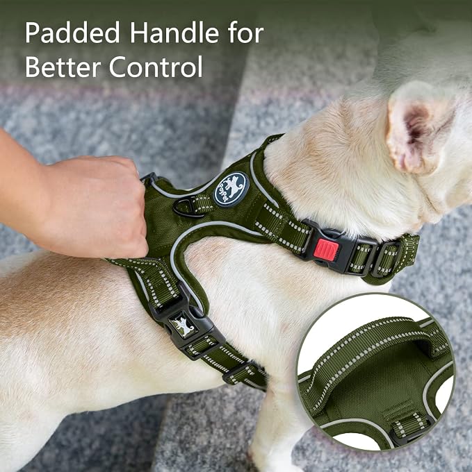 PoyPet No Pull Dog Harness, Reflective Vest with 2 Leash Clips & Handle | Lockable Neck Release Buckle, No Choke, Adjustable, Soft Padded, for Walking Training, Military Green, Medium