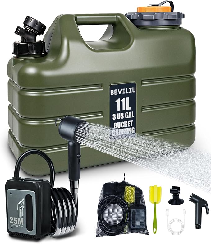 Beviliu Portable Camping Shower – 3 Gallon & 5 Gallon Food-Grade Jug, Rechargeable Pump, IPX8 Waterproof, Lightweight & Extra-Large Portable Shower for Camping, Beach, RV, Pet