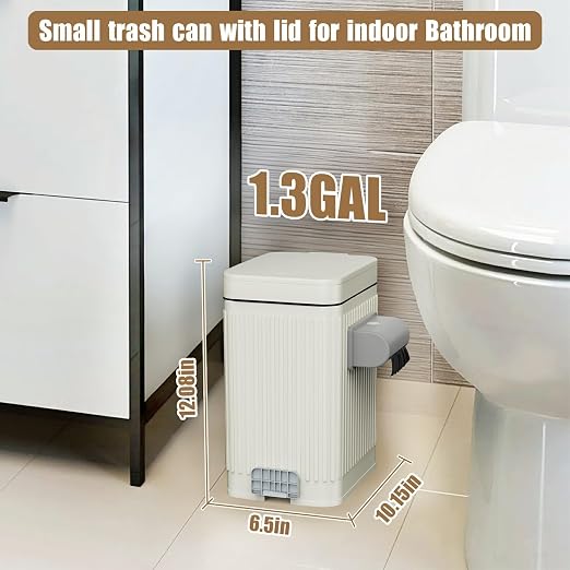 Dog Poop Trash Can for Outside & Indoor, 5L/1.3Gal Small Odor Control Pet Waste Bin with Carbon Filter, 2-Way Open (Step & Press Top), Dog Waste Container with Trash Bag Holder, White