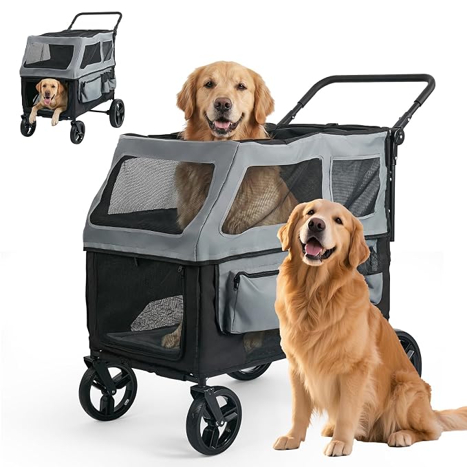 Large Dog Stroller for Medium & Large Dogs up to 350 lbs,Foldable Pet Wagon | Rear Ramp for Senior Dogs,Adjustable Handle,Washable Pad,All Terrain Wheels,Breathable Mesh Doors & Multiple Storage Pockets