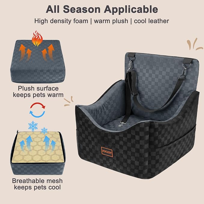 JOEJOY Elevated Dog Car Seat for Small/Medium Dogs up to 35 lbs, Memory Foam Booster Seat with Detachable Washable Cover, Travel-Safe Car Bed with Safety Belts & Storage Pockets, Dark Grey