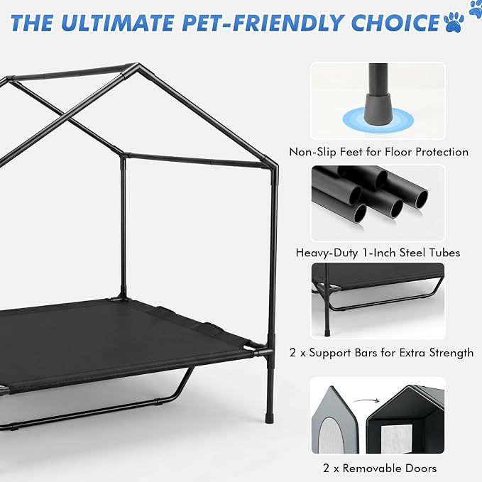 Dog House Outdoor, 43" Tall 3-in-1 Elevated Dog Bed with Roof | 4-Side Breathable Mesh Window, Dog Shelter for Large Dog Breeds Outside, Dog Tent with Canopy, Weatherproof Waterproof, 200LB