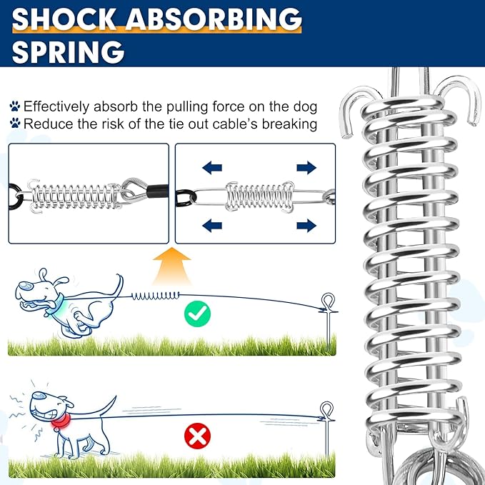 Snagle Paw Dog Tie Out Cable 15FT,Heavy Duty Dog Leads for Yard with Shock Absorbing Spring & Swivel Hook,Leash Cable for Outdoor Camping,Dog Line for Small Large Dogs,withstand 1000LBS Break Strength