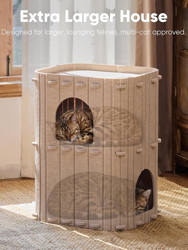 FUKUMARU Cat House for Indoor Cats, Warm Felt Cat Bed, Scratch Resistant | Large Cat Bed Cave, 3-in-1 Cat Condo, Cozy Felt Covered Cats Tunnel, 23.62 Inch Kitten Hideaway for Multicats, Beige