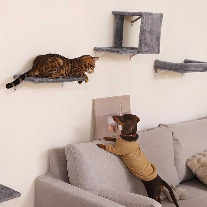 FUKUMARU Cat Wall Shelves, 4 in 1 Set, Light Gray | Stable & Safe Cat Walls Furniture, Wooden Kitten Climbing Wall with Scratching Post for 16 Inch Drywall