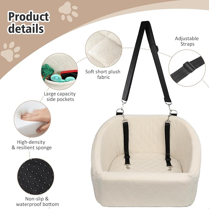 NEEZUKAR Dog Car Seat for Small Medium Dogs,Detachable Washable Dog Booster Seat Under 30lbs, Pet Car Seat Travel Bed with Storage Pockets and Dog Safety Belt (White)