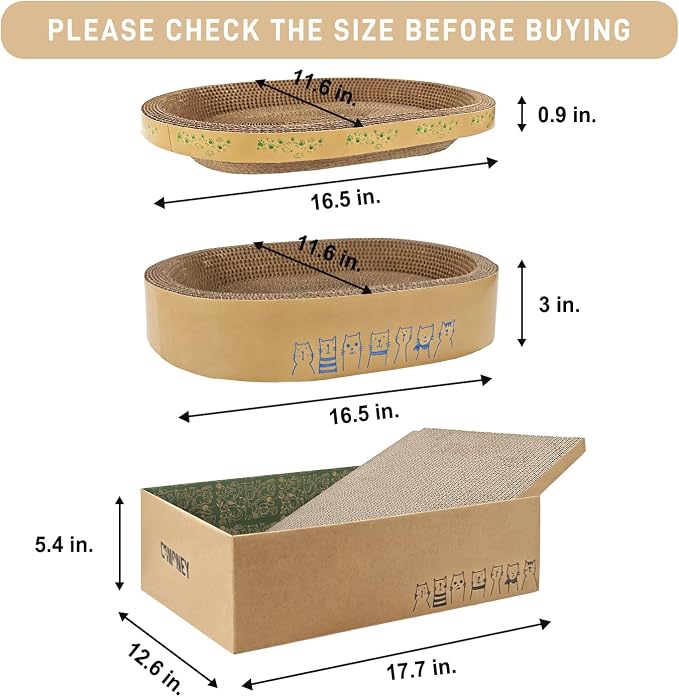 Comoney Cat Scratcher Bed 3 Pack, Oval Corrugated Cardboard Cat Scratch Pads for Indoor Cats with Grooming Brush, Round Cat Scratching Board Lounge Furniture Protector