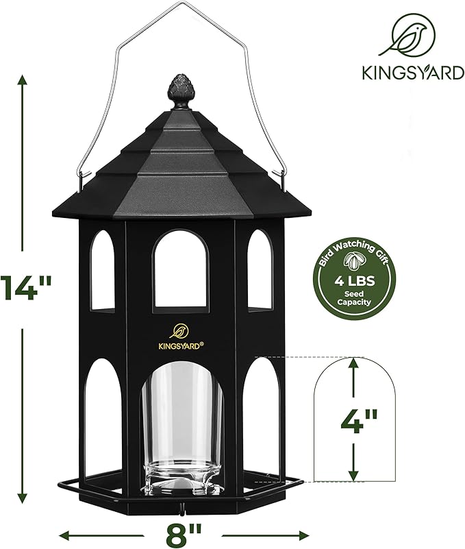 Kingsyard Metal Bird Feeder for Outdoor Hanging, Wild Bird Feeders with Circular Perch, Easy to Clean & Refill, 4 lbs Large Seed Capacity, Black