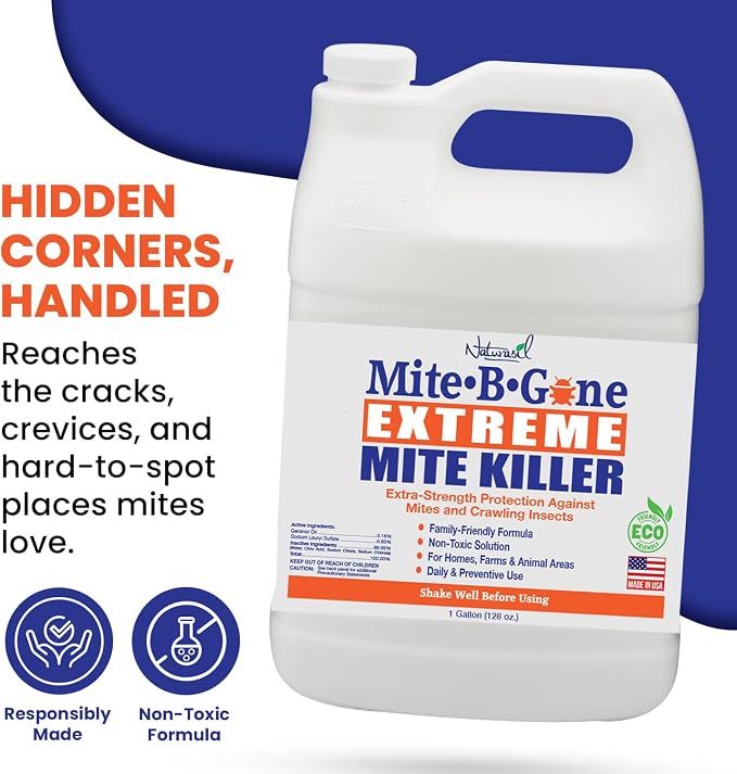 Mite-B-Gone Extreme Mite Killer Spray – 4 Pack (1-Gallon Jugs) | Large-Area Natural Mite Treatment for Farms, Coops, Barns, RVs & Outdoor Gear | Fast-Acting, Non-Toxic, Family-Friendly Formula