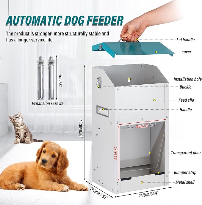 15lbs Automatic Dog Feeder Outdoor Dog Food Dispenser | Galvanized Gravity Cat Feeder with Clear Door, Metal Feeder for Dog, Puppy, Cat, Indoor&Outdoor Use