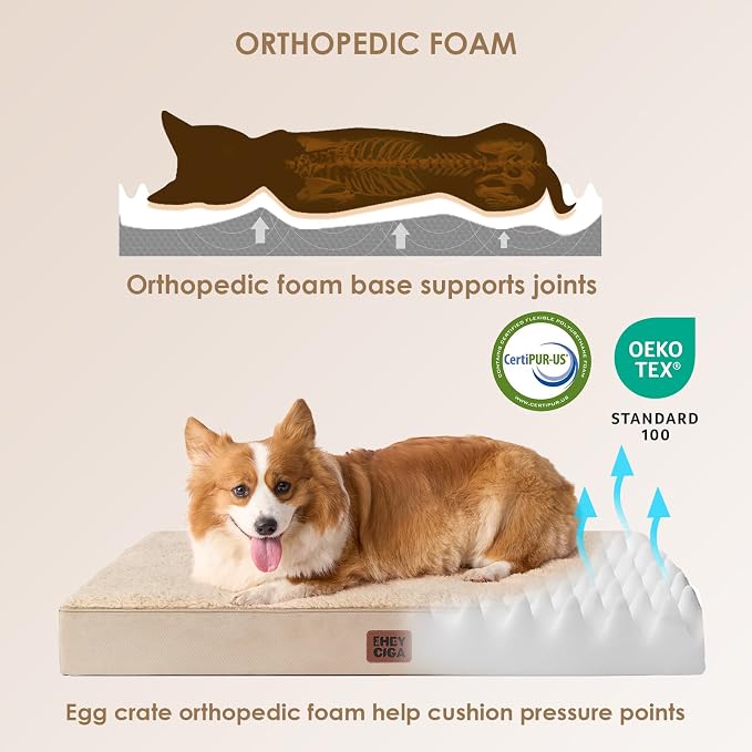 EHEYCIGA Orthopedic Dog Bed Large with Removable Washable Cover, 44IN Khaki | Egg Crate Foam Support, Durable Oxford fabric, Non-Slip Bottom, Machine Washable, Soft Waterproof Plush Pet Bed Mat For Crate