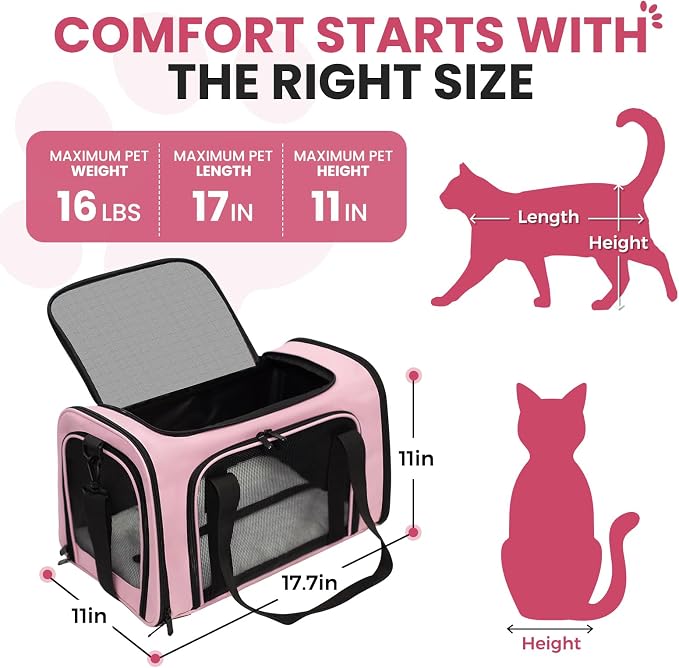 Soft-Sided Cat Carrier Expandable Pet Carrier Airline Approved Mesh Travel Carrier Up to 15lbs for Cats Small Dogs Collapsible Escape-Proof with Shoulder Strap Washable (18x11x11 Pink)