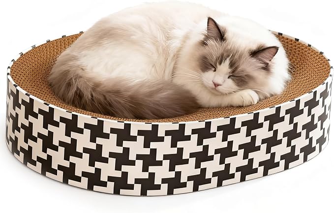 2-in-1 Cat Scratcher Cardboard Bed, Round Cat Scratching Pad Bowl for Indoor Cats, Durable Corrugated Circle Cat Scratcher Lounge, Cozy Oval Cat Scratch Bed Furniture for Kittens & Medium Size Cats