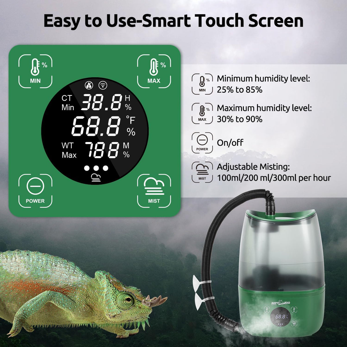 REPTIZOO Reptile Humidifier Fogger, 4L Large Reptile Fogger with Humidity Control, Terrarium Humidifiers with Extended Tube Automatic Reptile Misting System for Reptiles Amphibians Herps Vivarium
