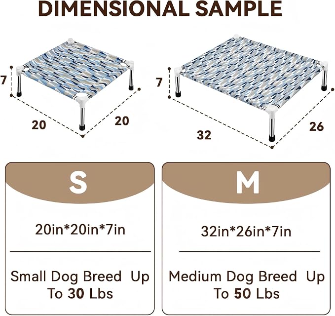 Raised Elevated Dog Bed, Lifted Cooling Stainless Steel Pet Dogs Cot, Small | Outdoor Dog Bed, Portable Dog Hammock for Patio Camping, Breathable, Off the Ground, No Slip Feet, 20"L x 20"W x 7"H