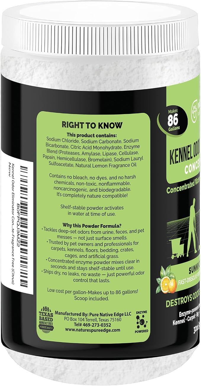 Nature's Pure Edge Enzyme Powder Concentrate, Sunny Citrus | Makes 86 Gallons, Professional Use for Kennel and Pet Odor Elimination, Removes Urine Poop from Carpets Floors