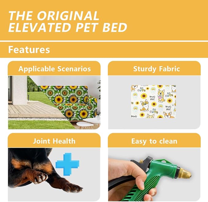 Kawaii Corgi Sunflower Orthopedic Elevated Dog Pet Bed(35"X25"X8"),with Metal Frame,Printing Breathable Waterproof Dog Kennel,Sleeping Bed for Small Medium Large Dogs Cats,for Home,Outdoor Use