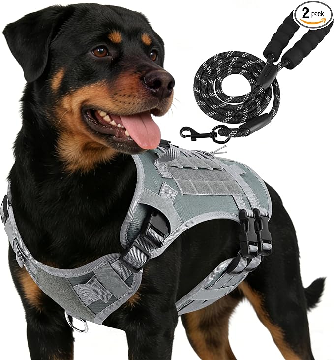 YooxArmor No Pull Dog Harness and Leash Set, Tactical Adjustable for Large Dog, Easy Walk Soft Vest Padded Oxford for Training Hiking (Gray-L)
