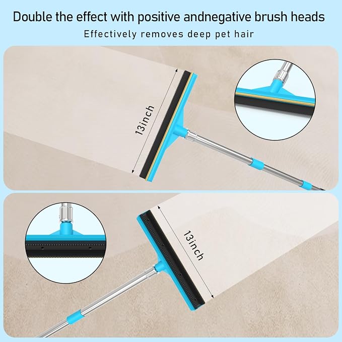 Upgraded Carpet Rake for Pet Hair Removal,2PCS Reusable Pet Hair Remover with 56” Adjustable Long Handle, 3 in 1 Rubber Broom and Carpet Brush Scraper for Rugs, Mats, Couch, Furniture