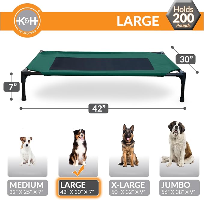 K&H Outdoor Elevated Dog Bed, Cooling Raised Dog Bed, Green, Large 42x30in | Pet Cot for Medium & Large Pets, Breathable Mesh Center Hammock Design, Indoor/Outdoor Washable Cover, 42x30in