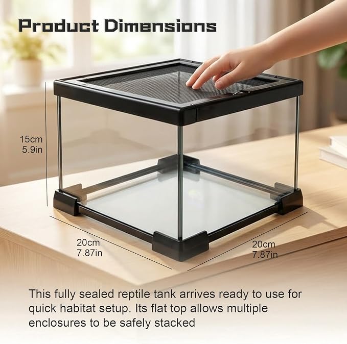 Small Glass Reptile Enclosure: 8x8x6 Full View Tarantula Enclosure | Lockable Sliding Screen Top Glass Terrarium - Insects Breeding Box Small Amphibians Cage for Leopard Gecko Hermit Crab