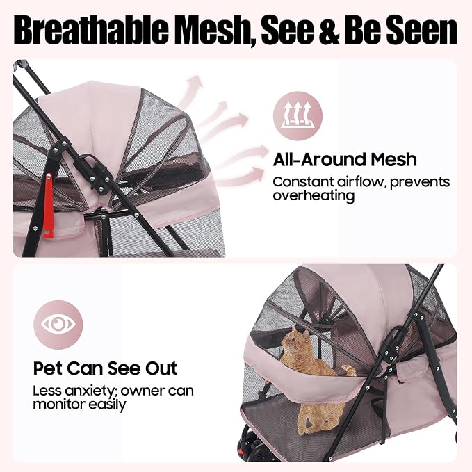 Pet Stroller for Small Medium Dogs Cats, Lightweight Foldable Pet Wagon with 360° Front Wheels & Brake, 40 lbs Capacity Carrier for Park Travel Shopping, Breathable Mesh Basket (Pale Pinkish Grey)