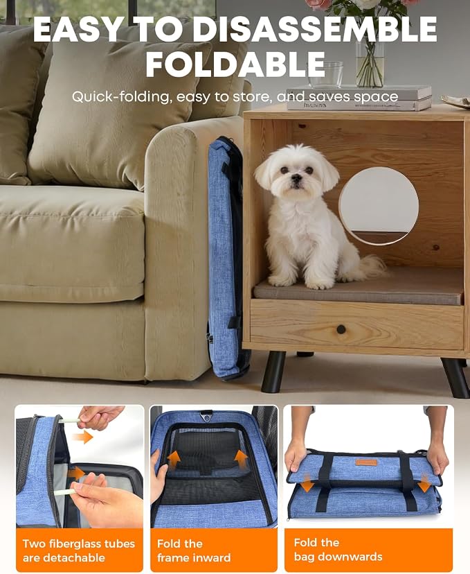 Foldable Cat Dog Carrier for Pets up to 15 Lb, Blue | Top & Side Entry, Soft-Sided Pet Carrier with Ventilated Anti-Scratch Mesh & Car Seat Buckle for Car Travel, 20×13×13 in