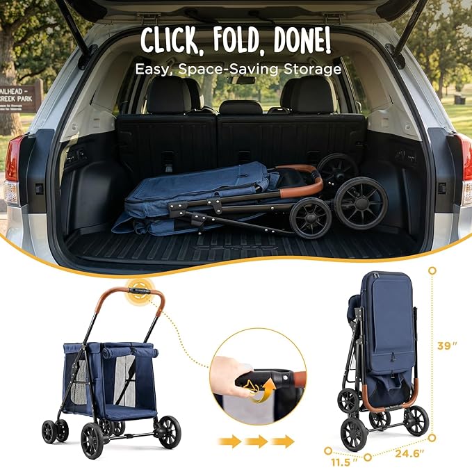 CANINE CANYON Scout Pet Stroller, Heavy Duty Dog Stroller for Large/Medium Dogs, Foldable Pet Stroller for 2 Small Dogs with All-Terrain Wheels, Storage Pocket & Cup Holder, 55 lbs Capacity, Navy Blue