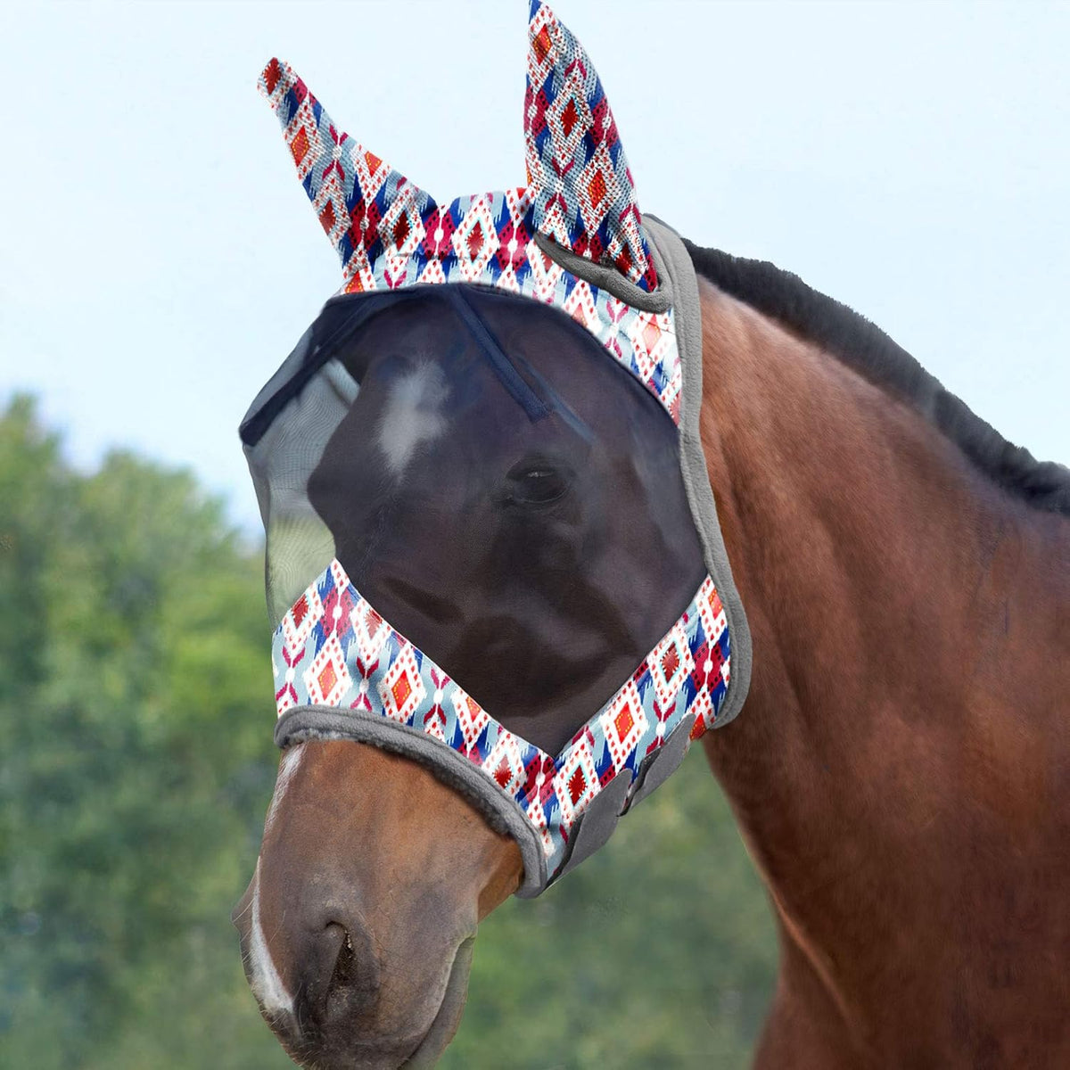 Harrison Howard LumiVista Horse Fly Mask Standard with Ears UV Protection for Horse Tribal Rhombus XL Extra Full