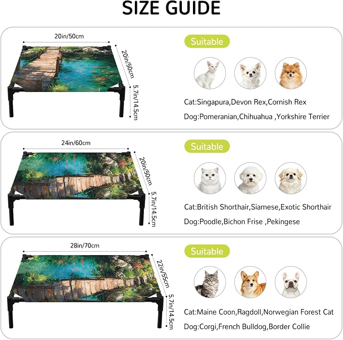 Outdoor Elevated Dog Bed for Small Dogs, Wooden Bridge Pond Breathable Cooling Raised Dog Cot for Indoor/Outdoor, Spring Floral Fish Waterproof Elevated Pet Beds, S 20 x 20 in