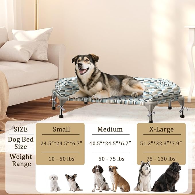 Elevated Dog Bed with Bolster, Raised Cooling Orthopedic Dogs Cot Medium | Hexagon Outdoor Dog Bed with Metal Frame for Up to 80 lbs, Portable Dog Hammock for Patio Camping, Breathable, Off the Ground