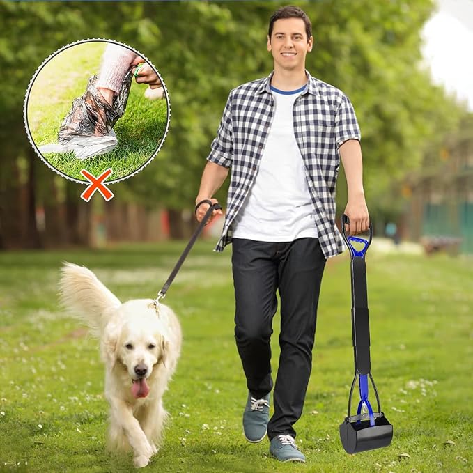 Pooper Scooper,Dog Pooper Scooper,Pooper Scooper for Large Dogs,Folding Dog Poop Scooper, 28" Long Handle No-Bend Cleanup,with Durable Spring,Works on Grass/Dirt/Gravel & More Surfaces (Blue)