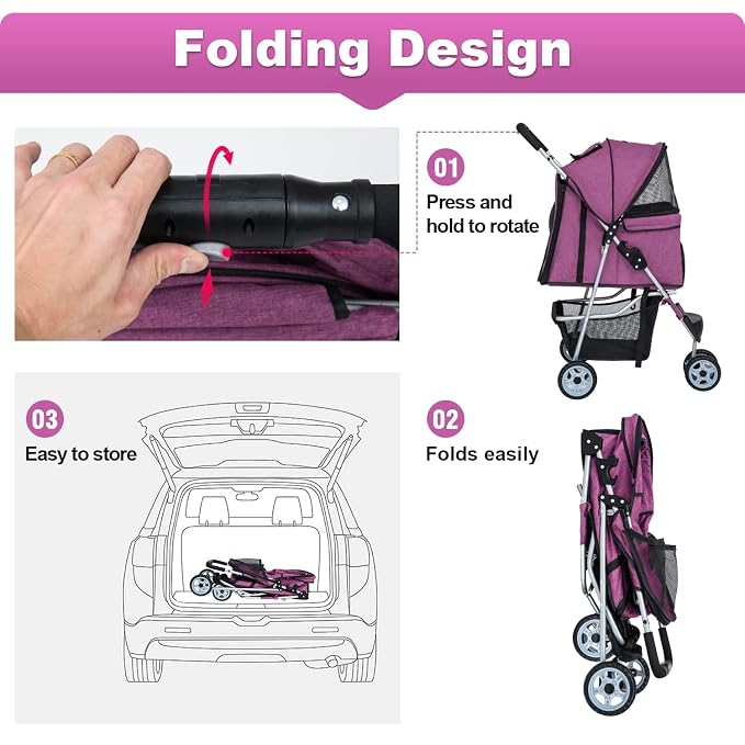 BestPet 3Wheels Pet Dog Stroller for Folding Lightweight Cat Travel Stroller with Cup Holder,Purple