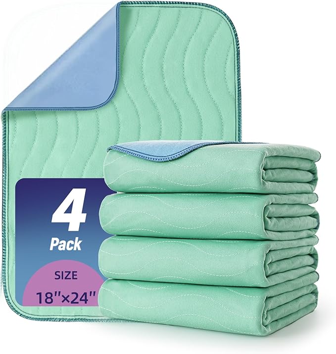 Pee Pads for Adults, Kids and Pets, Cotton-Like Surface, Machine Washable, 100% Leak Prevention with Waterproof TPU Layer (4 Pack, 18*24 inch)