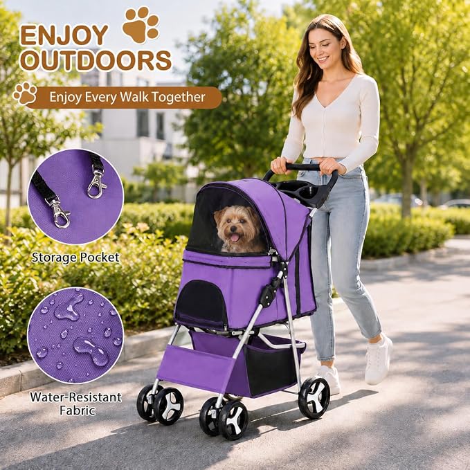Pet Stroller 4 Wheels Dog Cat Stroller for Small Medium Dog Cats Carrier Jogger Travel Foldable Puppy with Storage Basket and Cup Holder (Purple)