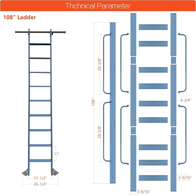 DIYHD 108" Rolling Library Ladder with Handrail, 4FT Sliding Rail, Blue | 9-Step lightweight ladder with space-saving upright storage, Telescopic top hooks, Locking bottom rollers, 300lbs capacity