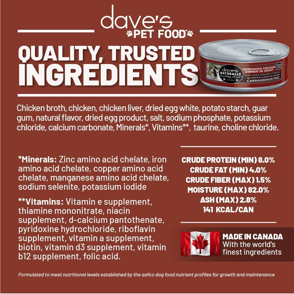 Dave's Pet Food Grain Free Wet Cat Food (Shredded Chicken in Gravy), Made in Canada Naturally Healthy Canned, Added Vitamins & Minerals, Wheat & Gluten-Free, GMO-Free, 5.5oz (24 Pack)