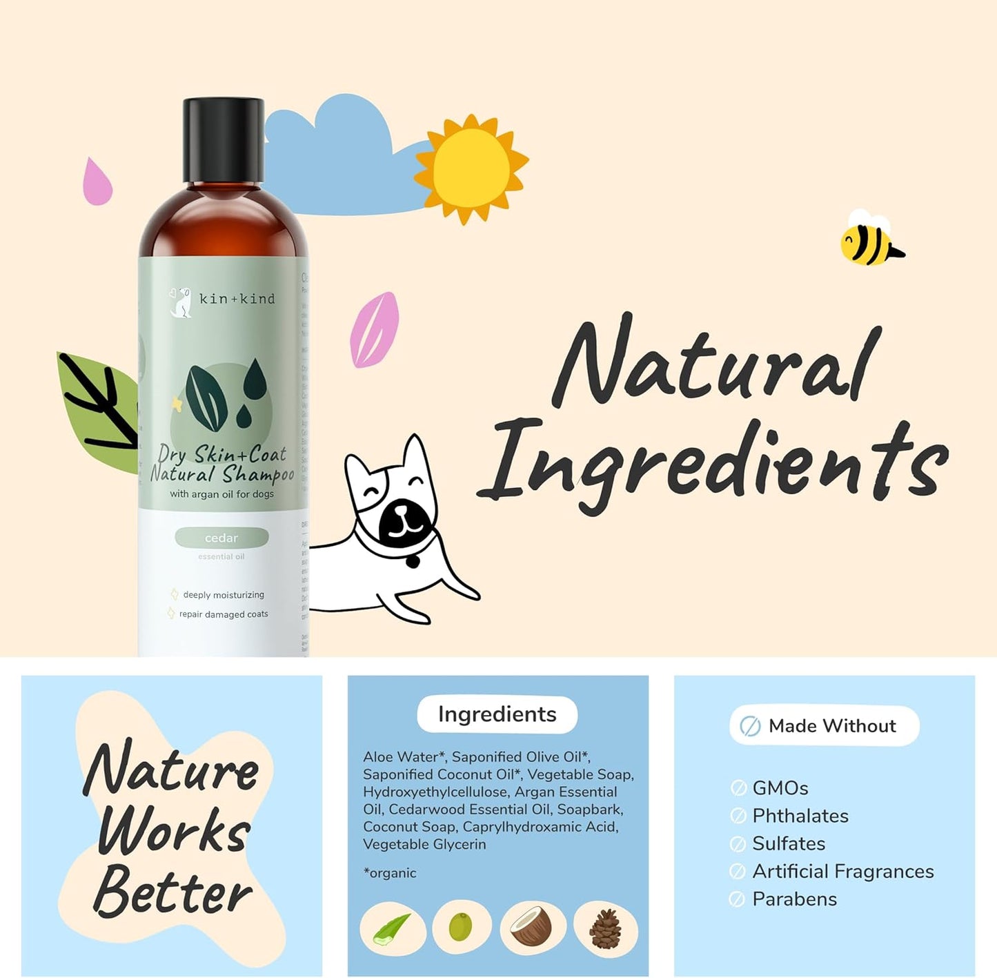 kin+kind Dog Shampoo for Dry, Itchy Skin and Coat Relief - Safe, Natural Formula with Olive Oil, Coconut Oil, Cedarwood - Made in The USA - Dog Grooming, Puppy Supplies, and Dog Accessories(12 fl oz)