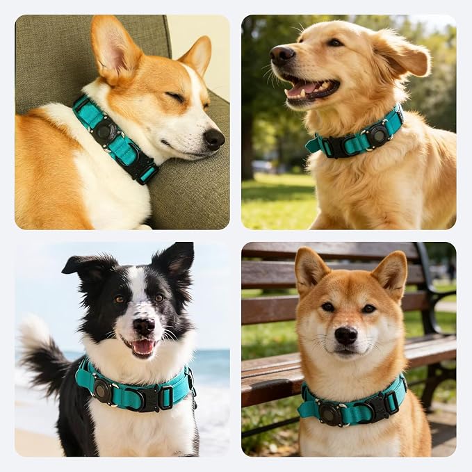 AirTag Dog Collar for Large Dogs Tactical Dog Collar with AirTag Holder | Upgrade Waterproof,Control Handle,Quick-Release Metal Buckle,1000D Nylon Fabric,Soft-Padded Webbing,Velcro Patch(Teal,M)