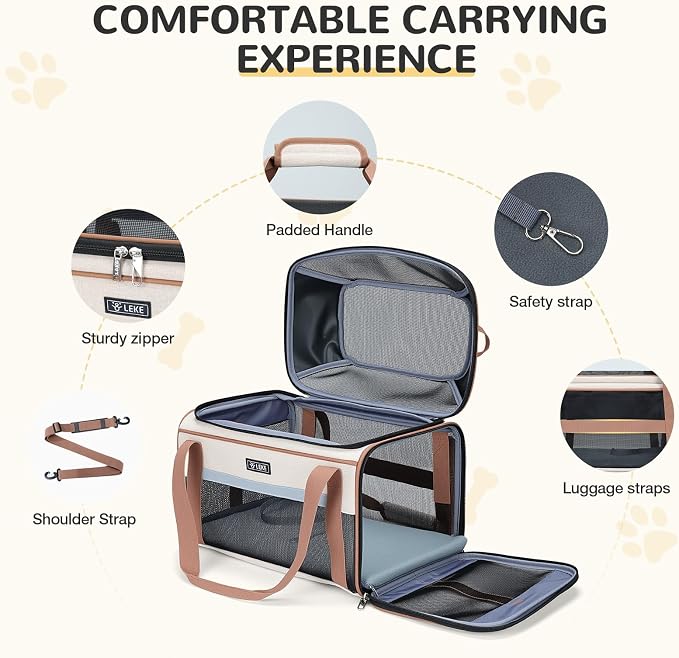 Lekereise Top-Expandable Pet Carrier 17x11x9.5 Inch Alaska Hawaiian Airline Approved Soft Sided Underseat to 12lbs Travel Carriers for Small Dogs and Cats with Locking Safety Zippers Anti-Scratch Mesh