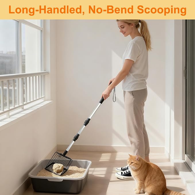 Metal Cat Litter Scoop with Extendable Long Handle, No Bending Back | Heavy Duty Stainless Steel Cat Pooper Scooper Large Durable Non-Stick Deep Shovel Kitty Litter Scoop Detachable Long Handle