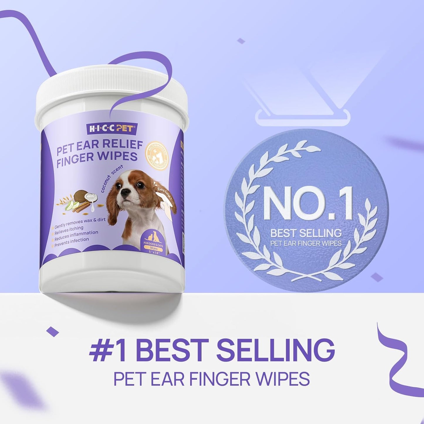 HICC PET Dog Ear Wipes Finger 100 Count Dog Ear Cleaner Wipes for Dogs & Cats, Dog Ear Infection Treatment to Relieve Ear Itching & Inflammation, Remove Ear Wax, Dirt, Smelly - Fresh Coconut Scent