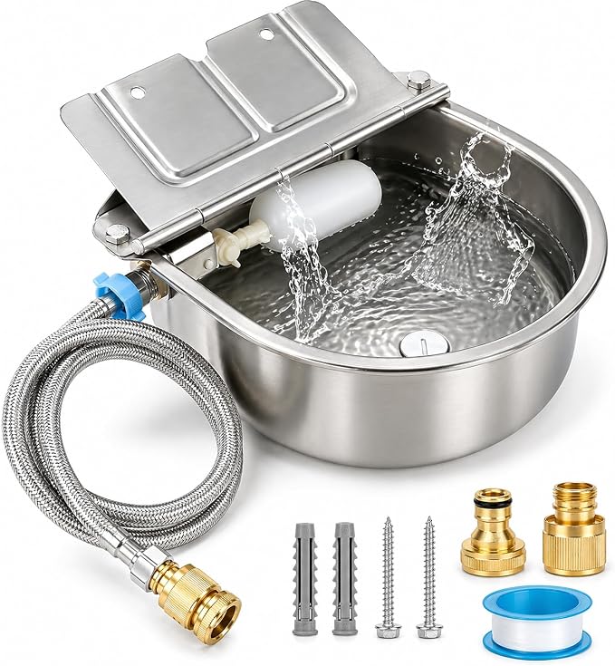 FHTONGE 304 Stainless Steel Automatic Dog Water Bowl Dispenser with Outfall | Float Valves Auto Fill, Wall-Mounted Dog Waterer for Outdoor Big Dog Livestock Poultry Horse Cow Goat Pig Chicken Duck Rabbit