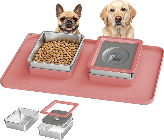 Dog Bowl Set, No Spill Dog Water and Food Bowl with Silicone Mat | Large Capacity 304 Stainless Steel Bowls, 2-In-1 Set, Slow Drinking, Anti-Slip Silicone Feeding Mat, Home/Travel, 6-7 Cups