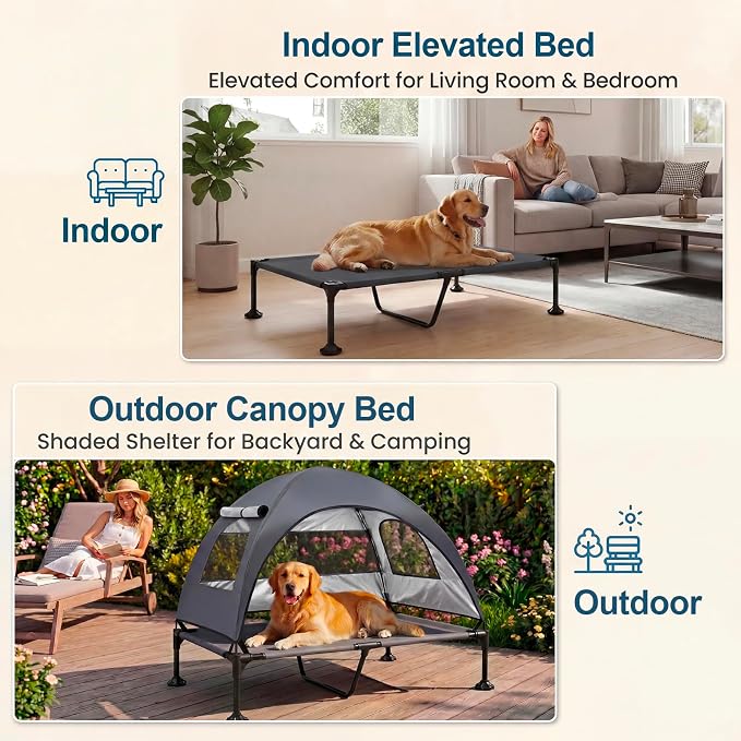 Elevated Dog Bed, Large Raised Dog Cot with Removable Shade Canopy for Large Dogs, Outdoor Portable Pet Tent with Breathable Mesh for Camping, Beach, Patio (Dark Gray, 50" L x 32" W x 42.5" Th)