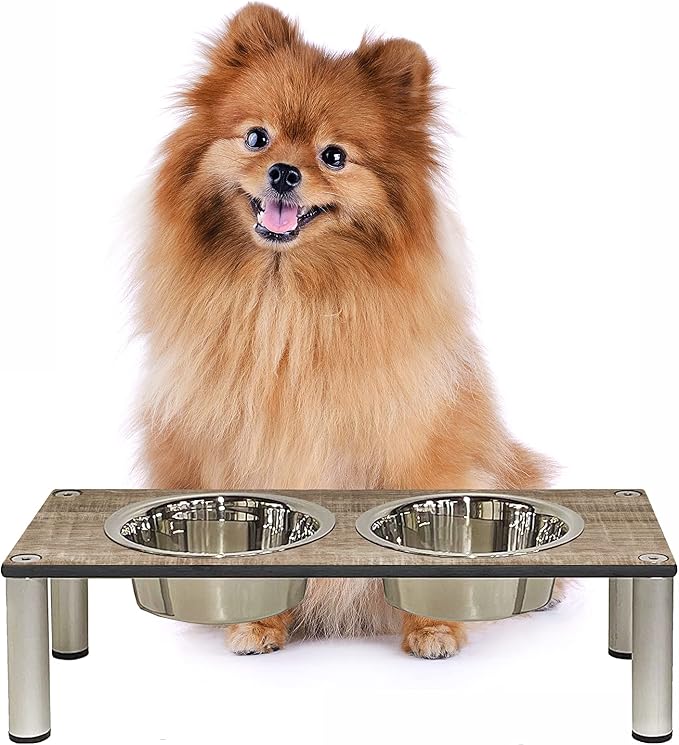 Raised Pet Bowls for Cats and Dogs, Outdoor Elevated Dog Cat Food and Water Bowls Stand Feeder on Aluminum Legs with 2 Stainless Steel Bowls Sizes for Small Medium and Large Dogs. - Small (Amaretto)