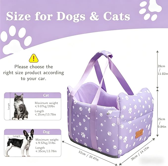 Center Console Dog Car Seat for Medium Dogs,Purple | Portable Armrest Booster With Soft Cushion Safety Belt, Up To 21 Lbs